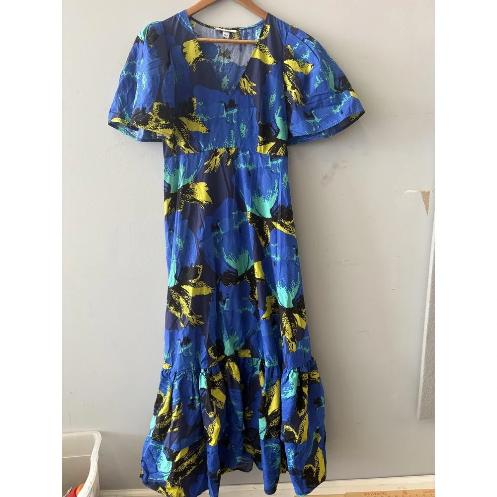 Christopher John Rogers Dress Womens 4 Blue Floral Tiered Maxi Puff Sleeve